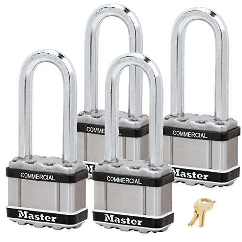 Master Lock Magnum Padlock - 2" W x 2-1/2"L Shackle, Four (4) Keyed Alike Locks M5NKASTSLJ-4 w/BumpStop Technology