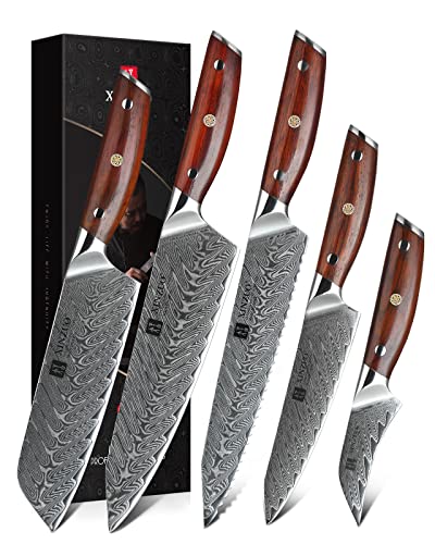 XINZUO 5 Pcs Knife Set, Super Damscus Steel Kitchen Knives, Professional Chef Knife Set, Ultra Sharp Blades, Natural Rose Handles, Chef Gift Box - Yi Series