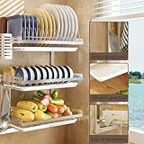 WWWHZGYS Dish Rack Wall Mounted,Hanging Dish Drying Rack,3 Tier Stainless Steel Dish Rack,Adjustable Length Drain Rack.with Drain Tray,Hooks（Silvery）