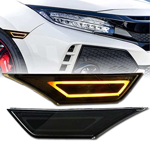 USR UNIQUE STYLE RACING DEPO 10th gen civic side markers-911 Carrera Style LEDLight Bar Smoke Front Bumper Lamp comp. with 2016-2021 Honda Civic Coupe Sedan Hatchback All Models(SmokedLens Amber LED)