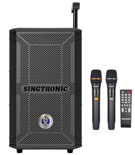 SINGTRONIC BT-1000DSP Professional Karaoke Speaker System, 1000W, Rechargeable Battery, Dual UHF Wireless Microphones, Bluetooth