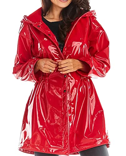 ZA-Fashed Women Rain Slicker PVC Vinyl Rain Long Coat Raincoat Waterproof Gothic Wet Look Red Jacket Hoodie