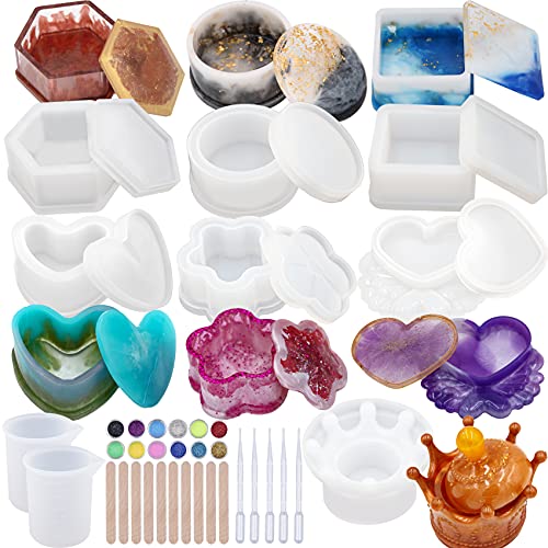 EuTengHao Resin Molds 43Pcs Silicone Molds for Resin, Epoxy Resin Crown Shape Mold Heart Shape Mold with Mica Powder for Storage Box Jewelry Trinket Container DIY Resin Casting Crafts