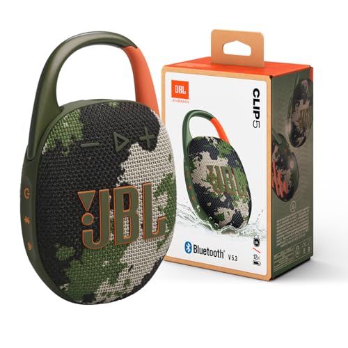 JBL Clip 5 - Ultra-Portable, Waterproof & Dustproof Bluetooth Speaker, Big Pro Sound with Punchy bass, Integrated Carabiner, Up to 12 Hours of Play, Made in Part with Recycled Materials (Squad)