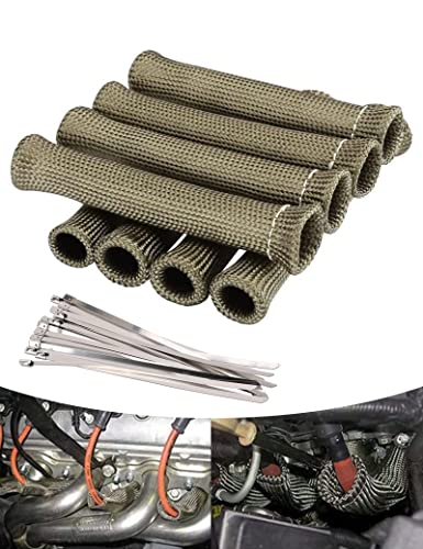 Spark Plug Wire Heat Shield Spark Plug Wire Boots Heat Shield Protector Sleeve 2500 Degree Spark Plug Heat Cover Wrap 6 Inch for SBC BBC 350 454 8PCS with 16pcs Stainless Steel Wire Ties (Titanium)