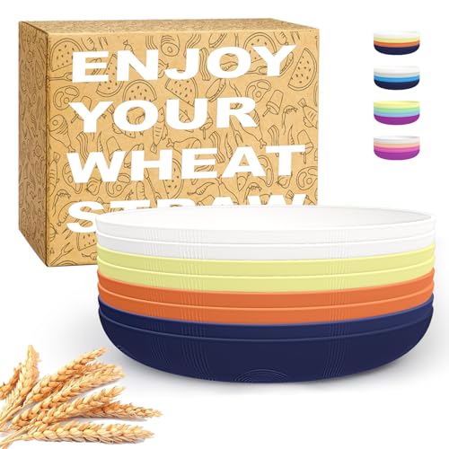 Perlapoc Wheat Straw Plates Set of 8 Unbreakable Deep Dinner Plate 9 Inch Alternative to Plastic Plates Reusable Dishwasher and Microwave Plate for Kitchen - Mondrian Colors