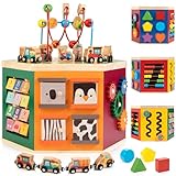 WOODMAM Large Activity Cube, 9-in-1 Farm-Themed Wooden Play Center, Multipurpose Montessori Toy for 1-2 Year Old Baby Toddler Kid, First Birthday Gift | Bonus Magnetic Train Cars