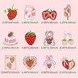 12Pcs Strawberry Iron on Patches Cute Fruit Cake Bow Sew on Repair Embroidered Applique Pink Red Coquette Aesthetic Girly Style DIY Craft Accessories Gifts for Preppy Girls Women Clothing Backpack Hat