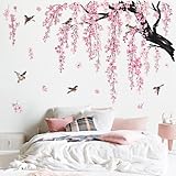 wondever Large Flower Tree Branch Wall Stickers Pink Cherry Blossom Floral Birds Wall Art Decals for Living Room Bedroom TV Wall (150cm*143cm)