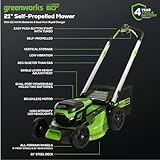 Greenworks 60V 21” Cordless (Self-Propelled) Lawn Mower (LED Lights + Aluminum Handles), 2 x 4.0Ah Batteries and Dual Port Rapid Charger