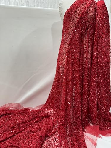Red/Red Beadwork and Shimmering Sequins Luxury Embroidered Heavy Beaded Sophisticated Stretch Lace Fabric by The Yard – Perfect for Bridal, Wedding Dresses, and Craft Projects.