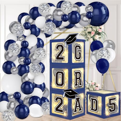 DAZONGE Navy Blue Graduation Decorations 2025 - Set of 4 Graduation Balloon Boxes with 139pcs Balloon Arch Garland Kit & 4 Lighted Strings - So Proud of You 2025 Graduation Decorations