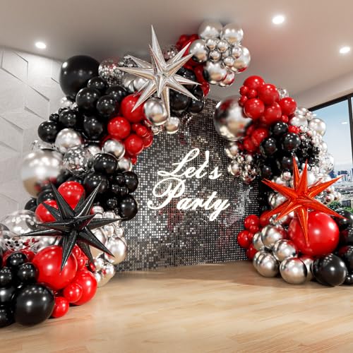 Red and Black Balloon Arch Kit with 3pcs Star Balloons, Red Black and Metallic Silver Balloons Garland Kit for Birthday Red Black Graduation 2025 New Year Party Decorations