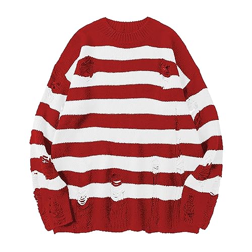 Womens Men Striped Sweater Pullovers Oversized Knitted Jumpers Sweatershirts Streetwear Vintage Streetwear ripped Sweatshirt Men Fashion Autumn Solid Color Oversize Sweatshirt