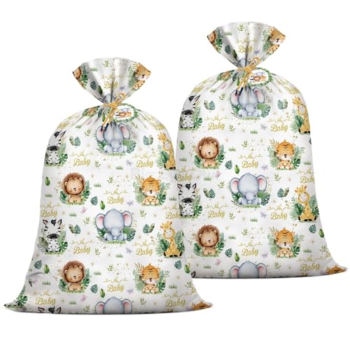 2Pcs Extra Large Baby Shower Plastic Gift Bags 48"x 36" Safari Jungle Animals Jumbo Present Bag Gift Wrapping Bags for Baby Shower Gender Reveal Birthday Party Favors Supplies