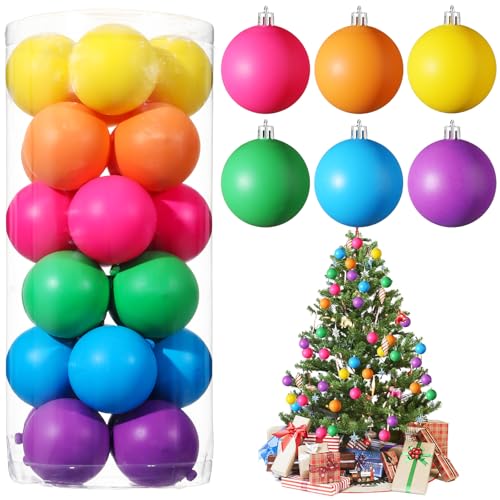 Simgoing Christmas Ball Ornaments Neon Color Christmas Tree Decorations Xmas Tree Decor Colored Shatterproof Baubles Plastic Holiday Hanging Balls for Christmas Party(24 Pcs,2.36 Inch)