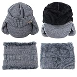 30% Wool Winter Beanie w/Visor & Earflaps for Men Outdoor Fleece Hat Scarf Set