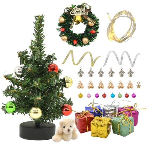 iLAND Dollhouse Christmas Decorations, 6 inch Mini Christmas Tree with Lights, Christmas Dollhouse Miniature of 1/12 Scale Accessories