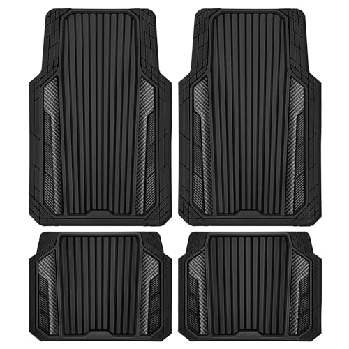 CAR PASS Heavy Duty Rubber Car Mats Metallic,Aluminum Film All Weather Floor Mats Waterproof Universal Trim to Fit SUVs Sedans Vans 4 Piece Anodized Deep Dish Two-Tone Sporty Carbon Fiber Black Chrome