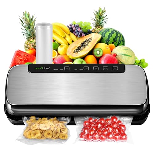 NutriChef Food Vacuum Sealer Machine, Stainless Steel Automatic Air Sealing System for Dry/Moist Foods, LED Touch Controls, Includes Vacuum Hose, Bag Roll and Wine Stopper, 110W Suction Power, 14"x6"