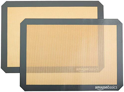 Amazon Basics Rectangular Silicone, Non-Stick Reusable, Food Safe Baking Mat, Pack of 2, 16.5" x 11.6", New Beige/Gray