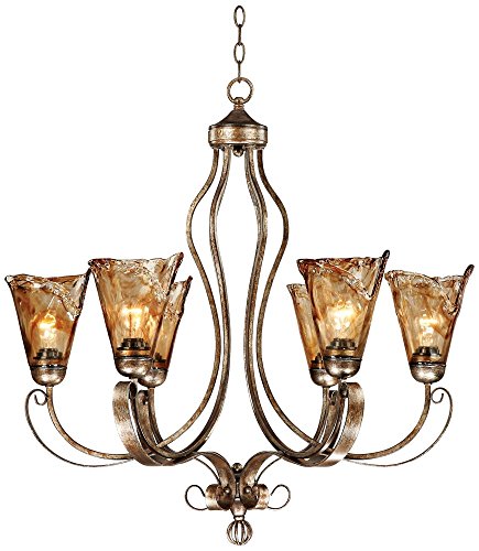Franklin Iron Works Amber Scroll Golden Bronze Silver Large Chandelier 31 1/2" Wide Rustic Art Glass 6-Light Fixture for Dining Room House Foyer Entryway Kitchen Bedroom Living Room High Ceilings
