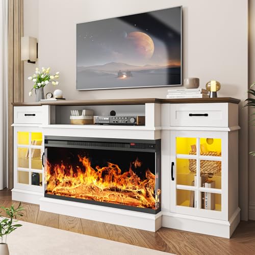 oneinmil 70" Fireplace TV Stand with 3-Sided Glass Electric Fireplace, Farmhouse Wood Entertainment Center with LED Lights, 36" Fire Place TV Stands with Storage Cabinet for Living Room, White