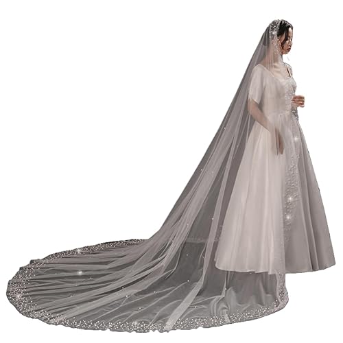 Mopmap 1Tier Bridal Pearl Beaded Ivory Bridal Wedding Veil Cathedral Length Off White (white)