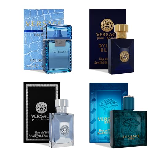 Versace Cologne for Men Set of 4 Mini Eros, Pour Homme, Dylan Blue, Eau Fraiche Perfume for Men Fragrance Sampler Set - Designer Mens Cologne Samples (4 Count, 0.17 oz)