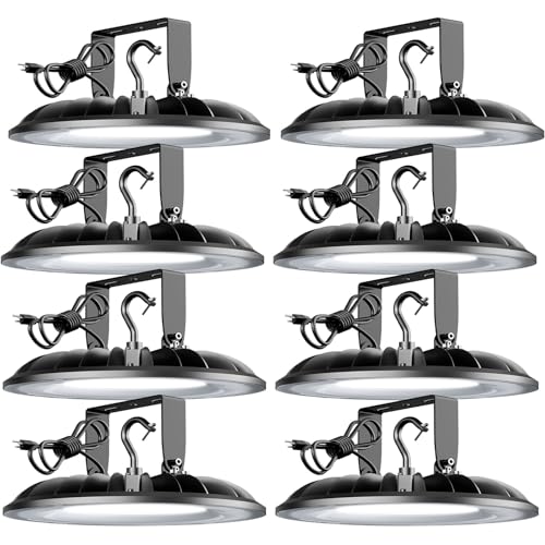 JC-LGL UFO LED High Bay Light 200W, 22000Lm UL Listed, with Hook and U Bracket, IP65 Commercial Plug & Play Lighting for Warehouse Factory Barn Shop, 8 Pack