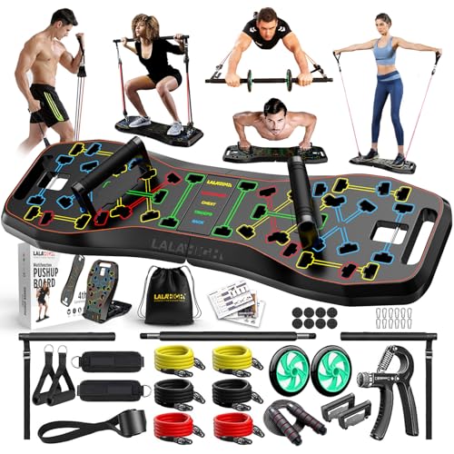 LALAHIGH Portable Home Gym System: Large Compact Push Up Board, Pilates Bar & 20 Fitness Accessories with Resistance Bands Ab Roller Wheel - Full Body Workout for Men and Women, Gift for Boyfriend