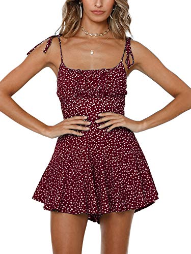 Jeanewpole1 Womens Summer Spaghetti Strap Jumpsuit Casual Flower Printed Beach Short Romper Wine Red