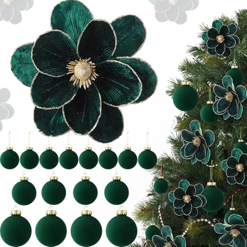 Outus 24 Pcs Velvet Christmas Tree Decorations Set with 8pcs Poinsettias Artificial Glitter Magnolia Flower with Stem, 16pcs Christmas Ball Ornaments for Xmas Holiday Party Wedding Decor (Green)