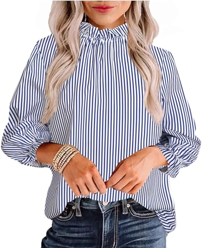 Avanova Women's Vertical Striped Ruffle Hem 3/4 Sleeve Mock Neck Elegant Work Blouses Top Blue Striped Medium