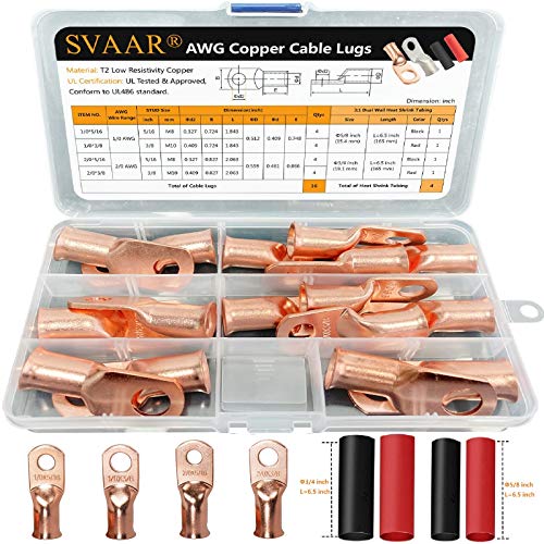 SVAAR 20pcs Battery Cable Ends Kit 1/0 AWG 2/0 AWG Copper Lugs 0 Gauge 00 Gauge Battery Cable Lugs with 3/8" and 5/16" Stud Heavy Duty Wire lugs Ring Terminal Connectors with 3:1 Heat Shrink Tube