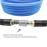 SYXQT Polyurethane (PU) Air Hose 3/8-Inch by 100 FT Lightweight, Kink Resistant, All-Weather Flexibility with 3/8-Inch Male Fittings, Bend black Restrictors, Transparent blue (100FT)