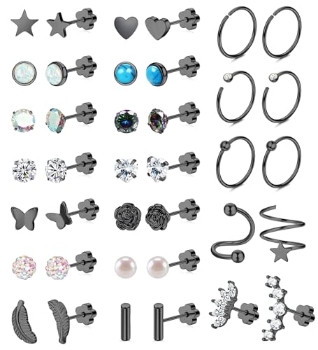 21 Pairs Surgical Steel Earrings Set for Women Men Hypoallergenic 20G Flat Back Stud Earrings Small Cz Heart Star Moon Stainless Steel Stud Hoops Earrings Cartilage Sleeper Earring for Women Men
