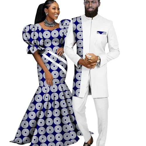 SkyWish African Women Print Dresses Matching Couple Outfits Dashiki Clothes Bazin Men Suits Jacket and Pant Sets 764 4XL Women