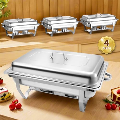 Jacgood 8 Qt 4 Pack Full Size Stainless Steel Chafing Dishes Buffet Set, Silver Rectangular Catering Chafer Warmer Set with Trays Pan Lid Folding Frame Stand for Kitchen Party Banquet Dining