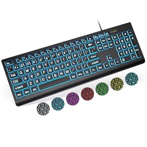 SABLUTE Large Print Backlit Keyboard, Wired USB Lighted Computer Keyboards with 7-Color & 4 Modes Backlit, Oversize Letters Keys Easy to See and Type, Keyboard Compatible for PC, Laptop