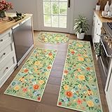 KIMODE Boho Floral Kitchen Rugs Sets of 3, Green Kitchen Rugs Non Skid Washable, Long Kitchen Mats for Floor, Comfort Kitchen Runner Rug, Half Circle Rugs for Kitchen Hallways Laundry Sink Bathroom