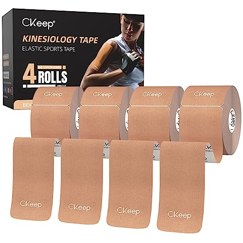 CKeep 4 Rolls Kinesiology Tape, Original Cotton Elastic Athletic Tape, 20 Precut 10" Strips Each, Beige, Ideal for Muscle Support & Injury Prevention