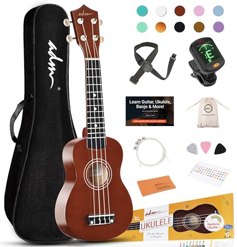 ADM Ukulele for Beginners Hawaiian Wood Ukelele Kit for Kids Adult Student Starter Professional Ukalelee Pack Bundle with Free Lessons Gig Bag Strap Nylon String Tuner (Brown, 21 Inch)