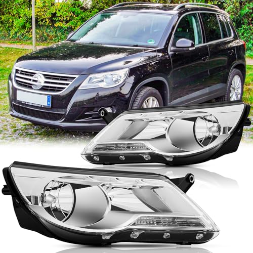 SAFAUTOPARTS Headlights Assembly Pair Compatible with 2009 2010 2011 Volkswagen VW Tiguan Headlamps Replacement Driver and Passenger Side,Chrome Housing Clear Reflector