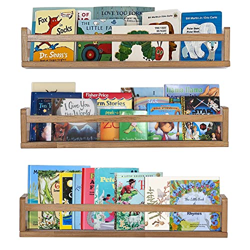 AZSKY Nursery Shelves Light Walnut Floating Book Shelf Organizer for Baby Nursery Décor Wall Book Shelves for Kids Room 24 Inch Wood Wall Ledge Shelves for Bathroom Kitchen Spice Rack a Set of 3