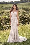 Cadoly Ivory Wedding Dresses for Bride 2024 Mermaid Lace Applique V-Neck Tull Wedding Gown Spaghetti Strap Boho Beach Bridal Gown with Train, Ivory, Size 4