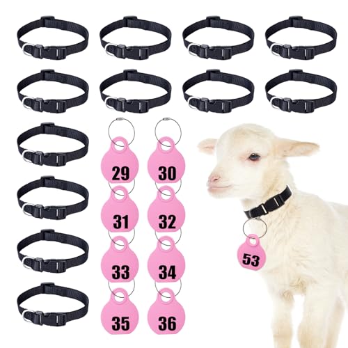 28 Pack Goat Collar with Number Tag Adjustable Nylon Sheep Collar Set Pet Livestock Plastic ID Number Tags Quick-Release Buckle for Small Farm Animal Sheep Calf Goat(Pink,No.29-56)