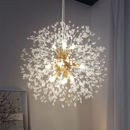 Lingkai 19.9" Gold Modern Crystal Chandeliers Firework, Bubble Chandelier Lighting for Bathroom Dining Room Bedroom Kitchen Island Living Room Light Fixture, 9-Light Gold Hanging Round Chandalier