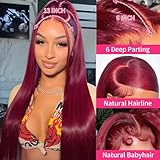 32 Inch 99J Burgundy Lace Front Wigs Human Hair 200% Density 13x6 Straight Lace Front Wigs Human Hair Pre Plucked Red Lace Frontal Wig for Women Glueless Human Hair Wig with Baby Hair Natural Hairline