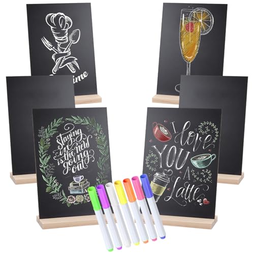 Small Chalkboard Signs, Double Side 6 x 9 Inch Wooden Tabletop Chalkboard Sign with Base Stands - Set of 6, Decorative Mini Table Signs Message Chalk Board Sign for Kitchen Wedding Bar and Restaurant